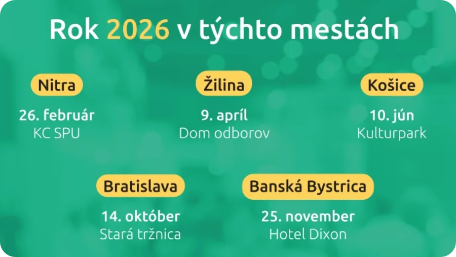 Mestá a termíny roka 2026: Nitra 26. 2., Žilina 9. 4., Košice 10. 6., Bratislava 14. 10., Banská Bystrica 25. 11.